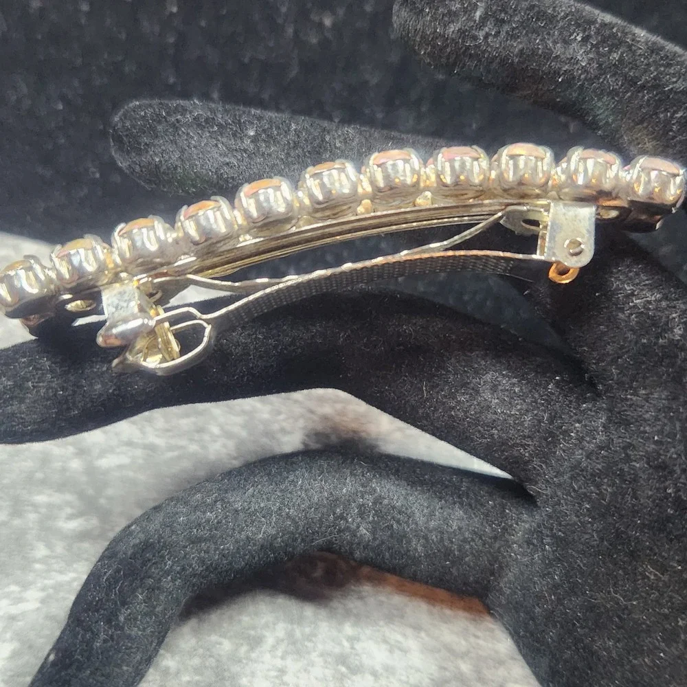 Vintage Aurora Borealis AB Rhinestone Hair Barrette Silver Tone French Clip